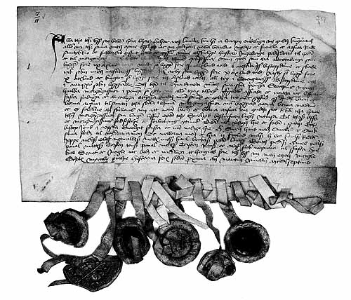 Ett medeltida pergamentsbrev. De är viktiga källor för alla som vill forska i släkter som levde på medeltiden. Klicka på bilden för att se den i större format.